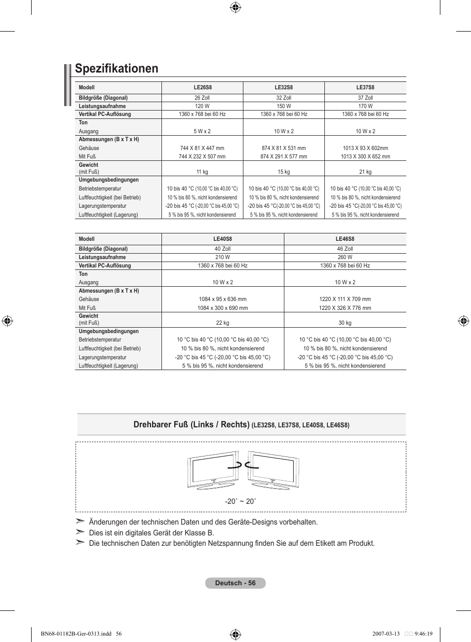 Spezifikationen, Drehbarer fuß (links / rechts) | Samsung LE40S86BD User Manual | Page 174 / 466