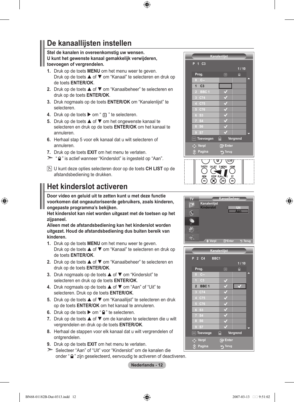 De kanaallijsten instellen, Het kinderslot activeren | Samsung LE40S86BD User Manual | Page 188 / 466