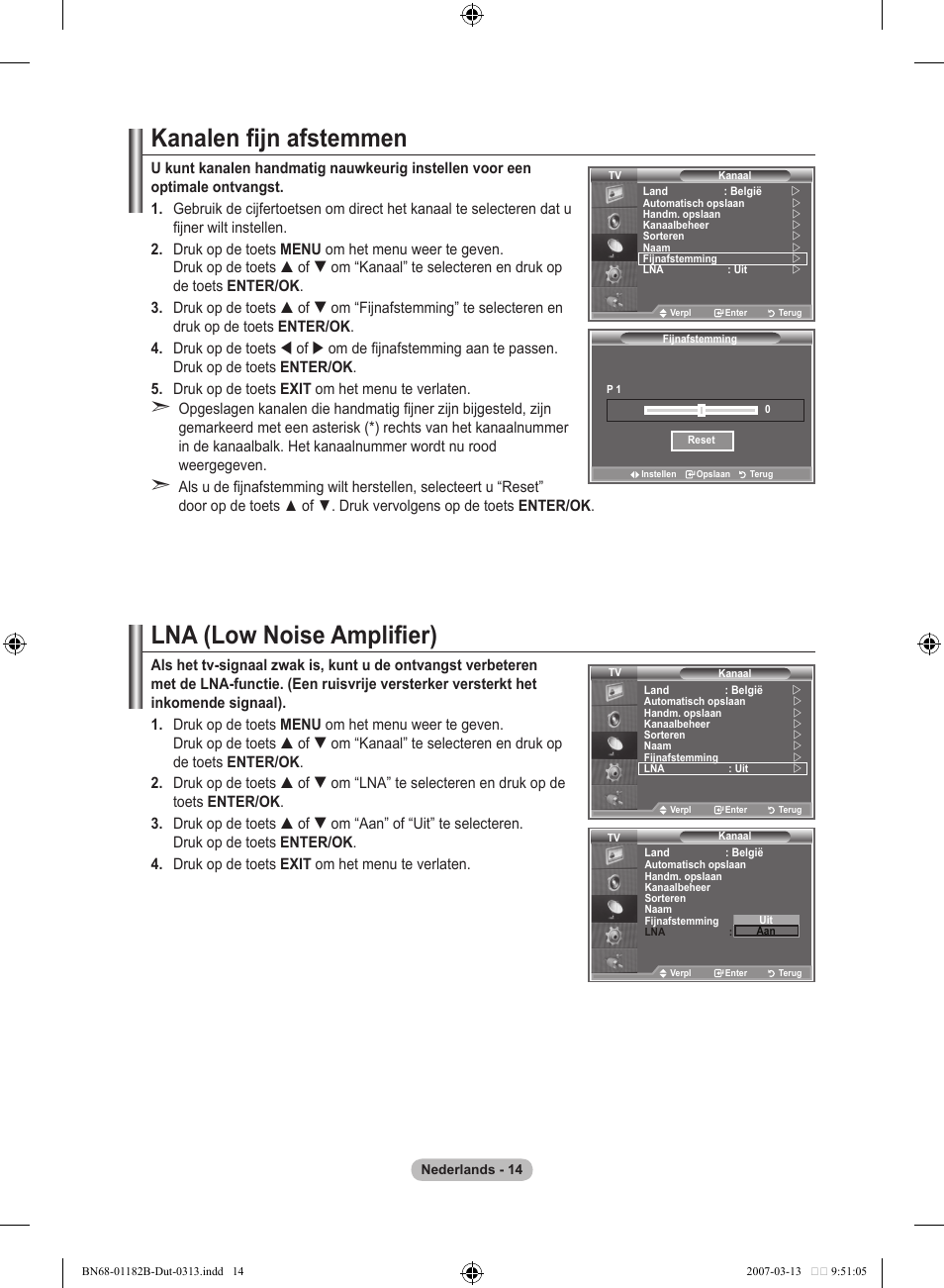 Kanalen fijn afstemmen, Lna (low noise amplifier) | Samsung LE40S86BD User Manual | Page 190 / 466