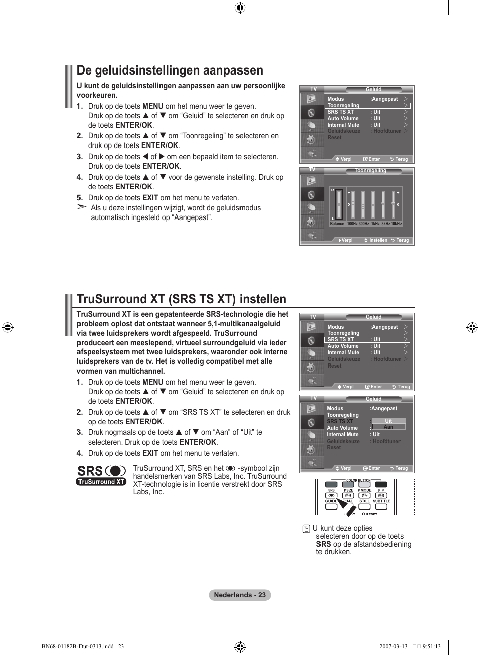 De geluidsinstellingen aanpassen, Trusurround xt (srs ts xt) instellen | Samsung LE40S86BD User Manual | Page 199 / 466