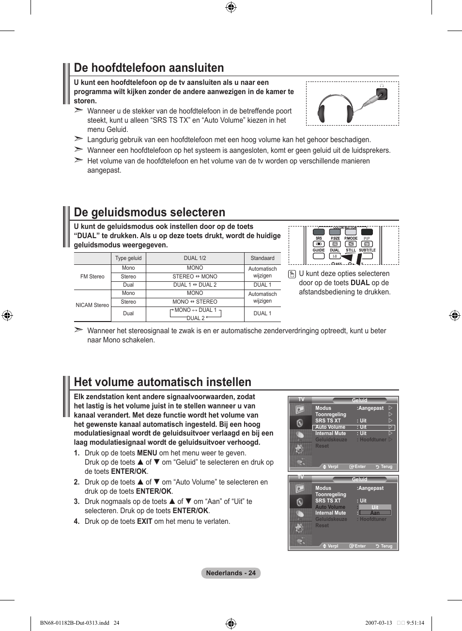 De hoofdtelefoon aansluiten, De geluidsmodus selecteren, Het volume automatisch instellen | Samsung LE40S86BD User Manual | Page 200 / 466