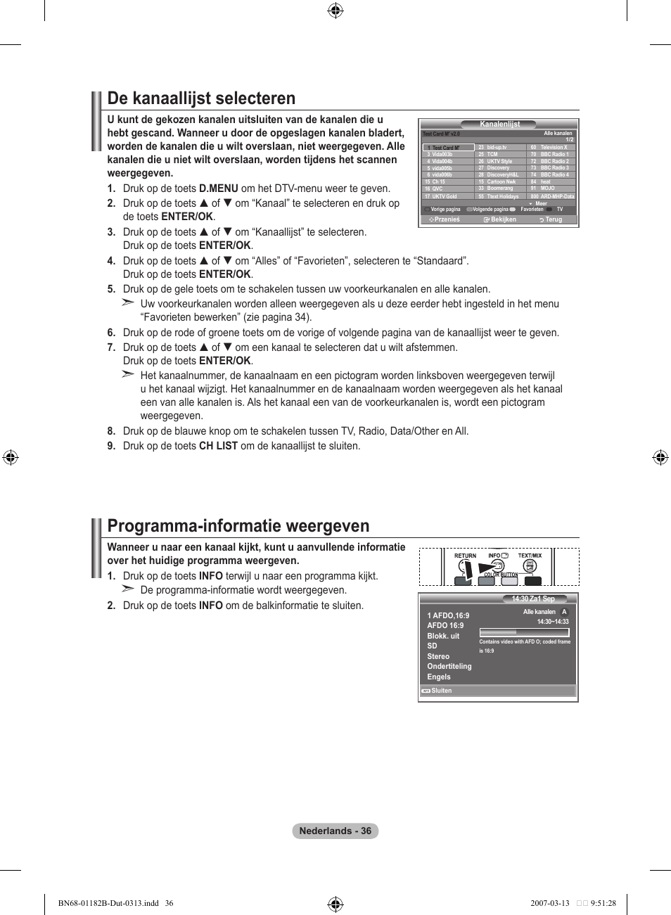 De kanaallijst selecteren, Programma-informatie weergeven | Samsung LE40S86BD User Manual | Page 212 / 466