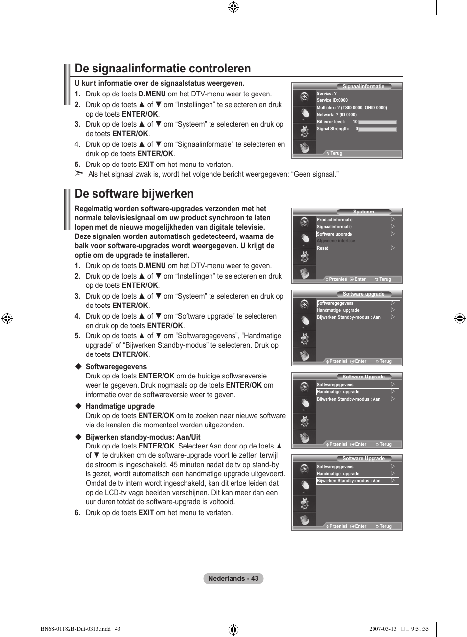 De signaalinformatie controleren, De software bijwerken | Samsung LE40S86BD User Manual | Page 219 / 466