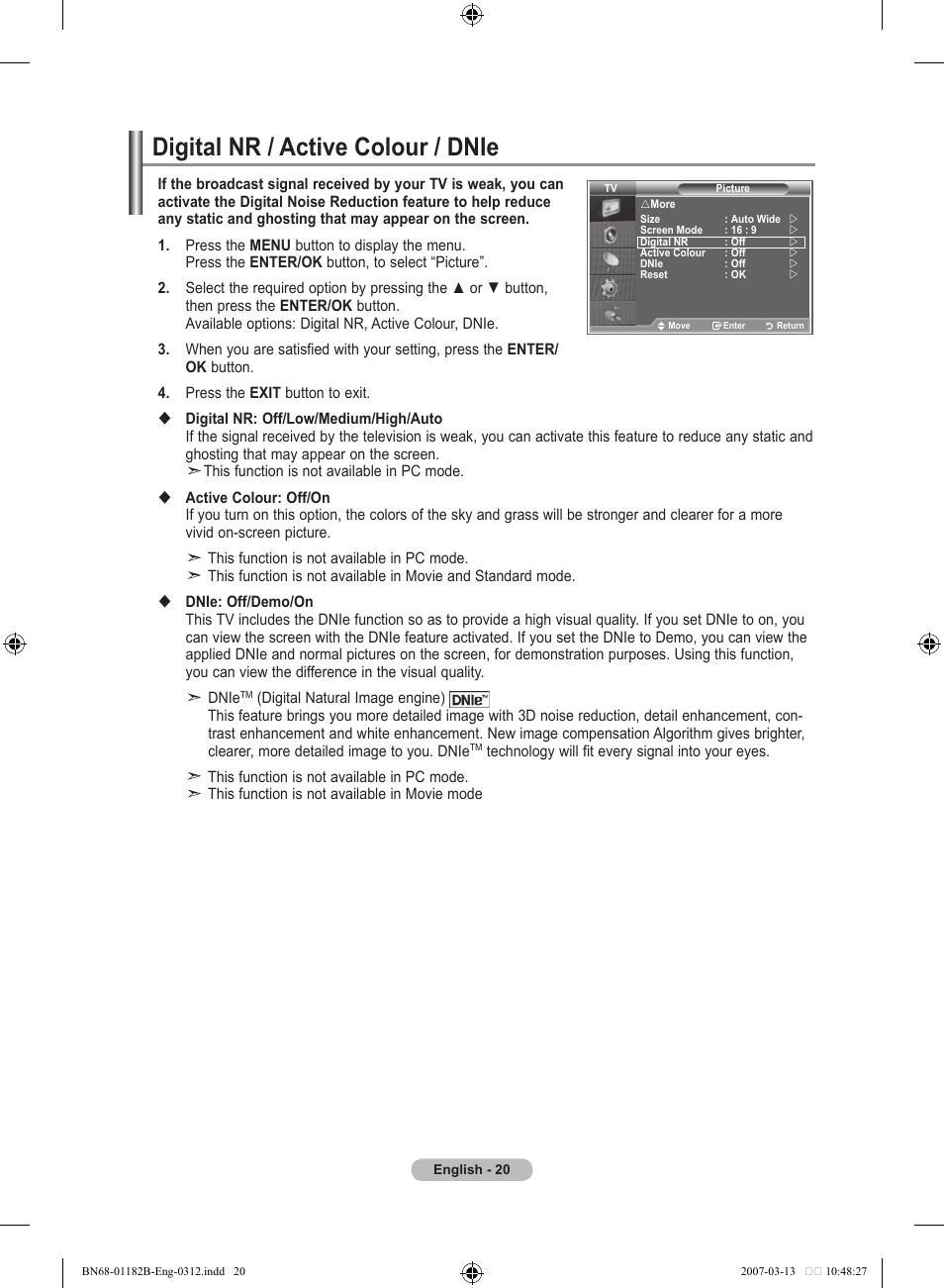 Digital nr / active colour / dnie | Samsung LE40S86BD User Manual | Page 22 / 466