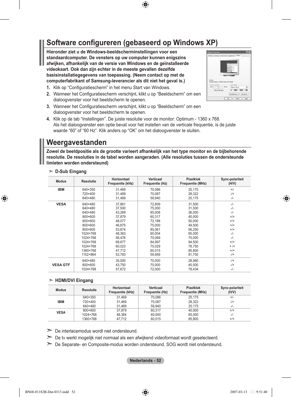Software configureren (gebaseerd op windows xp), Weergavestanden | Samsung LE40S86BD User Manual | Page 228 / 466
