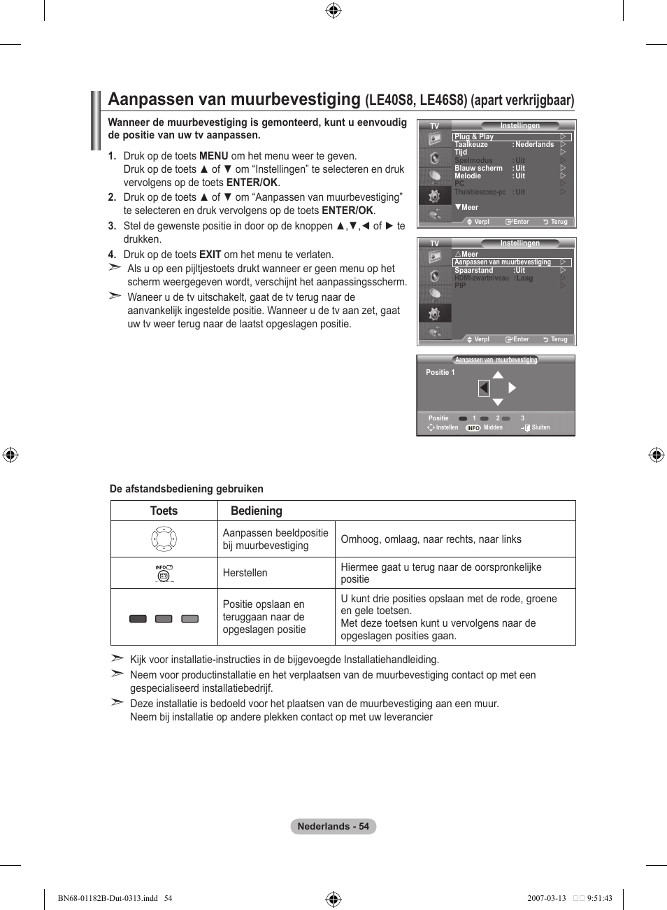 Aanpassen van muurbevestiging, Le0s, les) (apart verkrijgbaar), Toets bediening | Samsung LE40S86BD User Manual | Page 230 / 466
