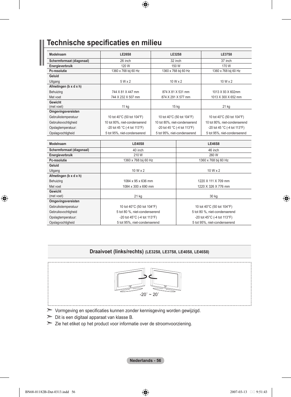 Technische specificaties en milieu, Draaivoet (links/rechts) | Samsung LE40S86BD User Manual | Page 232 / 466