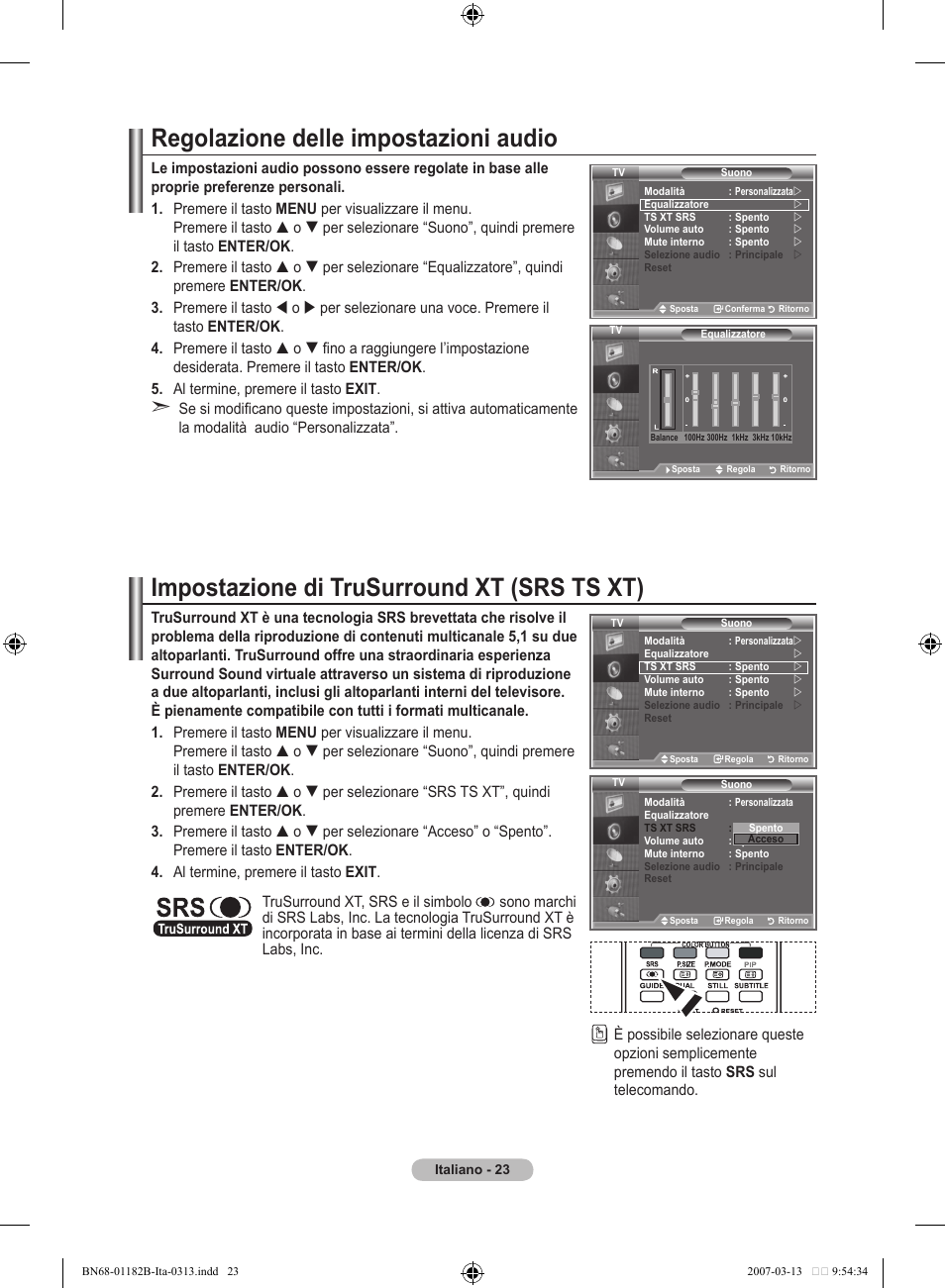 Regolazione delle impostazioni audio, Impostazione di trusurround xt (srs ts xt) | Samsung LE40S86BD User Manual | Page 257 / 466