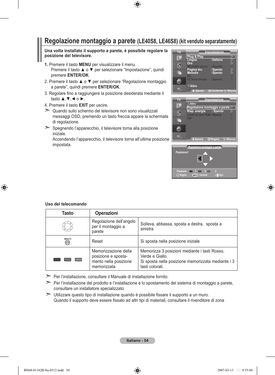 Regolazione montaggio a parete, Le0s, les), Kit venduto separatamente) | Tasto operazioni | Samsung LE40S86BD User Manual | Page 288 / 466