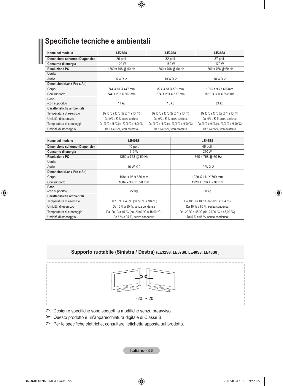 Specifiche tecniche e ambientali, Supporto ruotabile (sinistra / destra) | Samsung LE40S86BD User Manual | Page 290 / 466