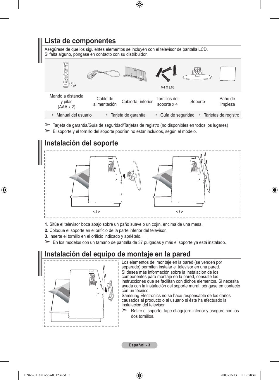 Lista de componentes, Instalación del soporte, Instalación del equipo de montaje en la pared | Samsung LE40S86BD User Manual | Page 295 / 466