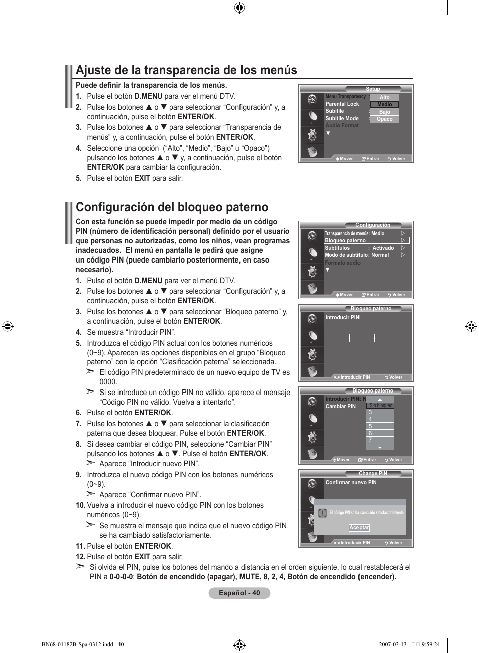 Ajuste de la transparencia de los menús, Configuración del bloqueo paterno | Samsung LE40S86BD User Manual | Page 332 / 466