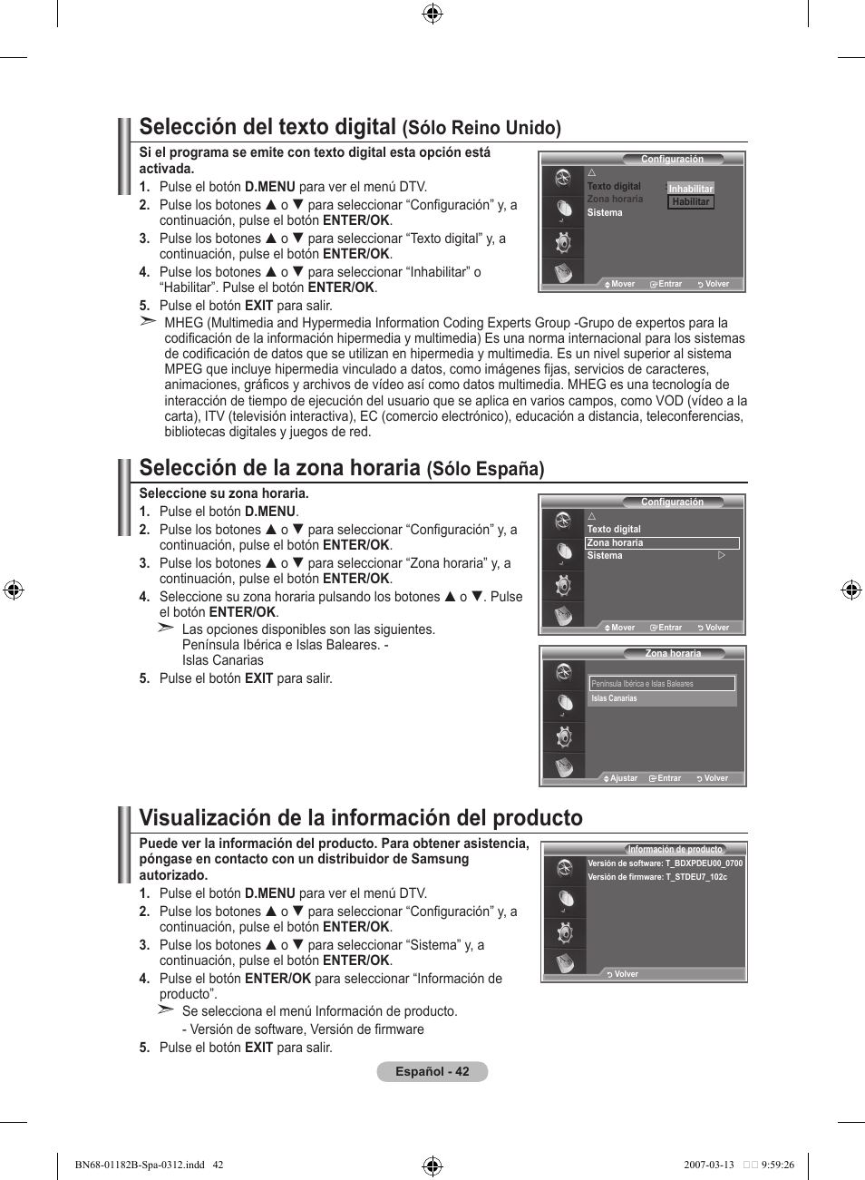 Selección del texto digital, Selección de la zona horaria, Visualización de la información del producto | Sólo reino unido), Sólo españa) | Samsung LE40S86BD User Manual | Page 334 / 466