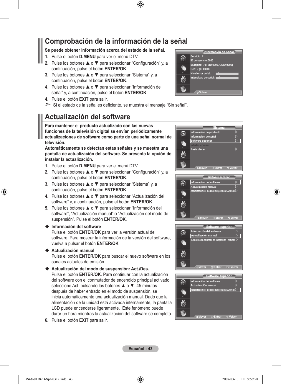 Comprobación de la información de la señal, Actualización del software | Samsung LE40S86BD User Manual | Page 335 / 466