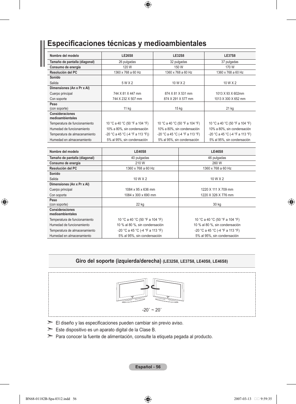 Especificaciones técnicas y medioambientales, Giro del soporte (izquierda/derecha) | Samsung LE40S86BD User Manual | Page 348 / 466