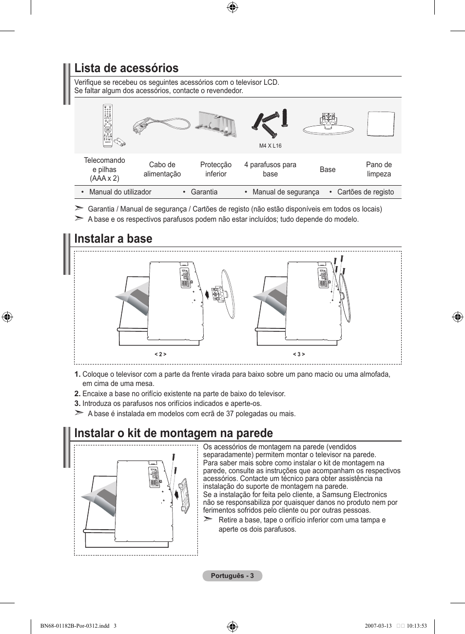 Lista de acessórios, Instalar a base, Instalar o kit de montagem na parede | Samsung LE40S86BD User Manual | Page 353 / 466