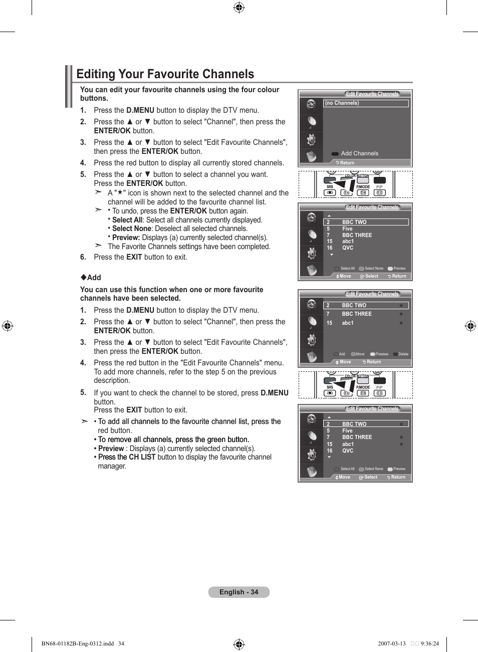 Editing your favourite channels | Samsung LE40S86BD User Manual | Page 36 / 466