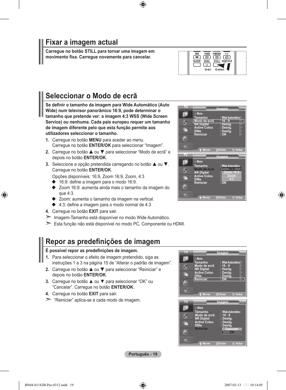 Fixar a imagem actual, Seleccionar o modo de ecrã, Repor as predefinições de imagem | Samsung LE40S86BD User Manual | Page 369 / 466
