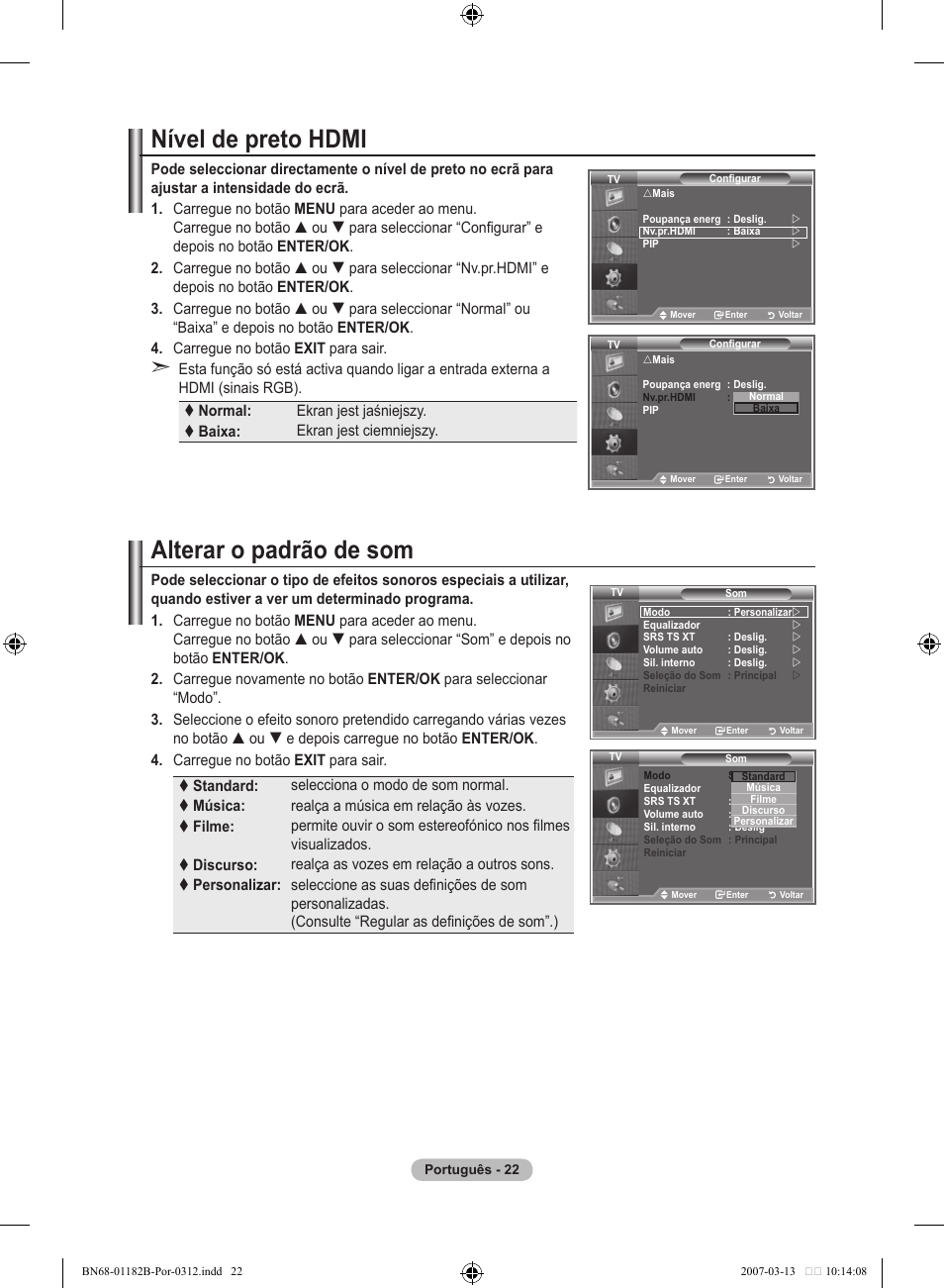 Nível de preto hdmi, Alterar o padrão de som | Samsung LE40S86BD User Manual | Page 372 / 466