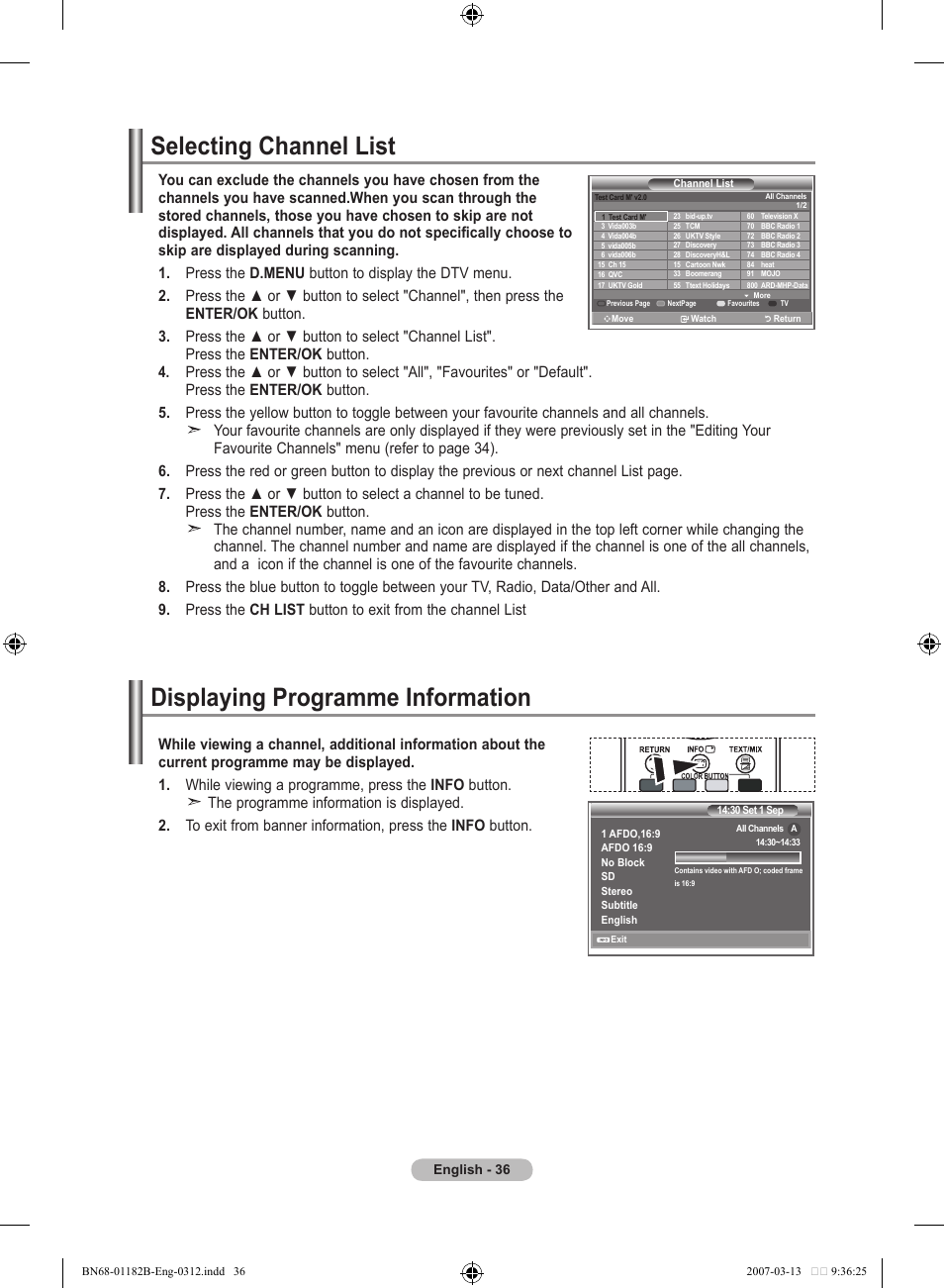 Selecting channel list, Displaying programme information | Samsung LE40S86BD User Manual | Page 38 / 466