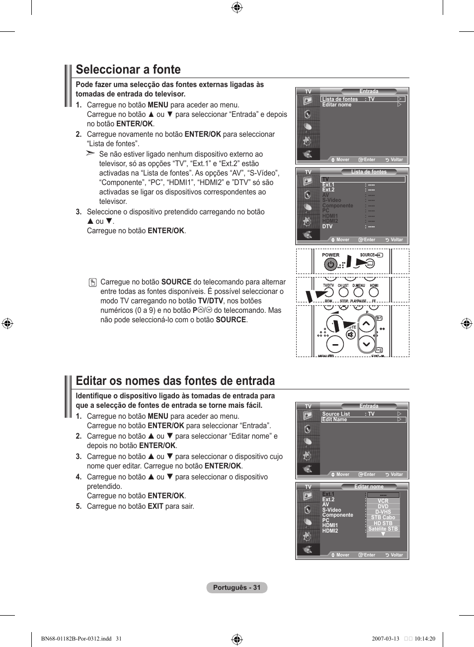 Seleccionar a fonte, Editar os nomes das fontes de entrada | Samsung LE40S86BD User Manual | Page 381 / 466