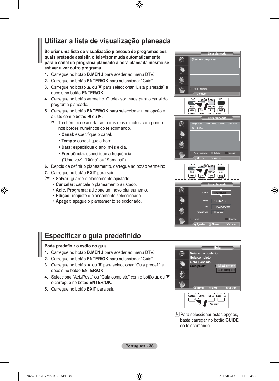 Utilizar a lista de visualização planeada, Especificar o guia predefinido | Samsung LE40S86BD User Manual | Page 388 / 466