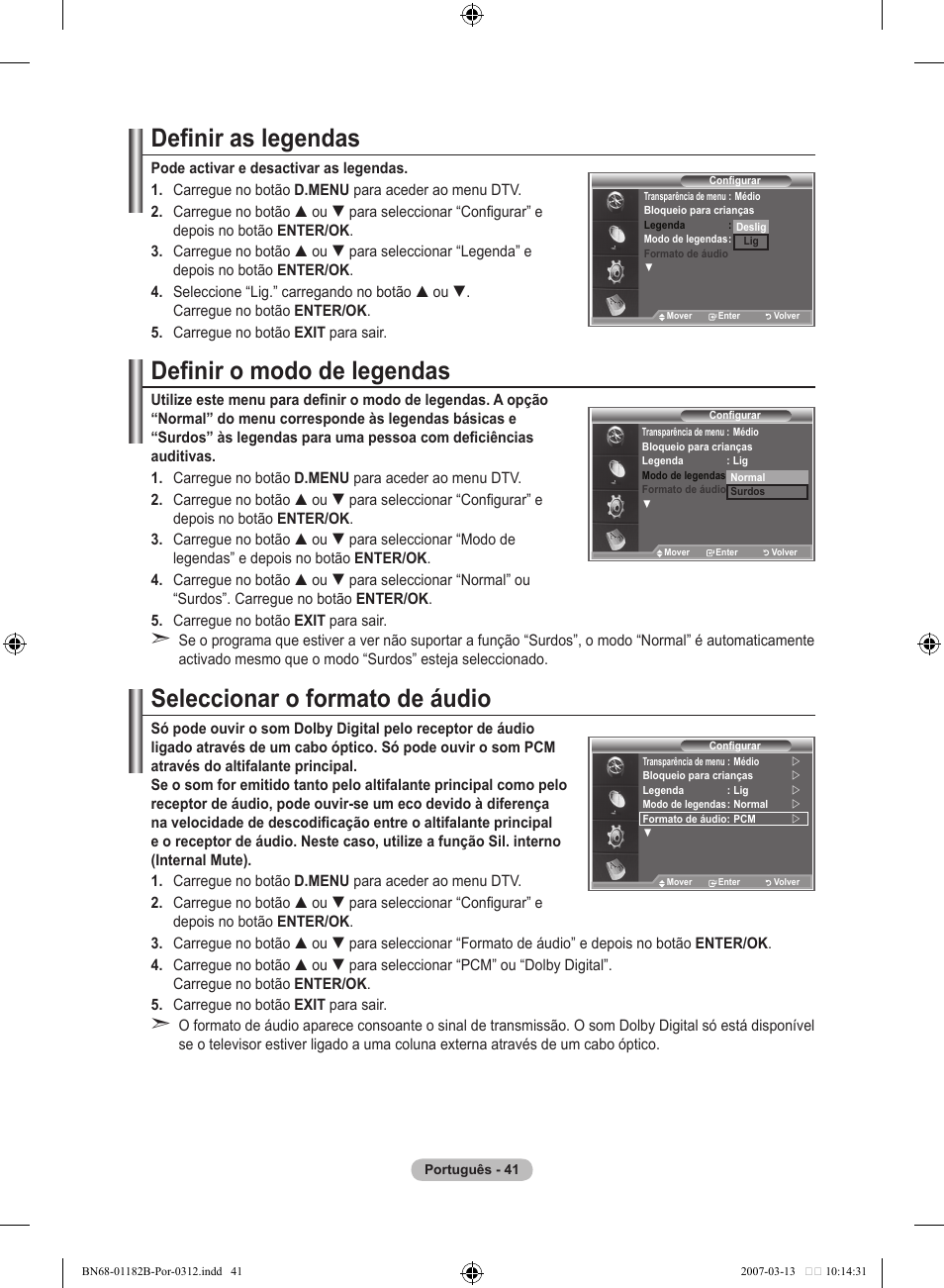 Definir as legendas, Definir o modo de legendas, Seleccionar o formato de áudio | Samsung LE40S86BD User Manual | Page 391 / 466