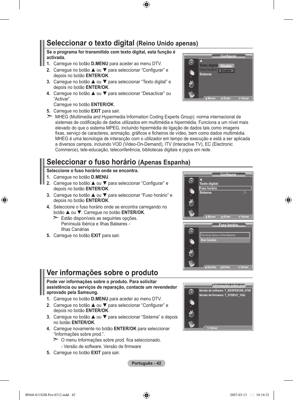 Seleccionar o texto digital, Seleccionar o fuso horário, Ver informações sobre o produto | Reino unido apenas), Apenas espanha) | Samsung LE40S86BD User Manual | Page 392 / 466