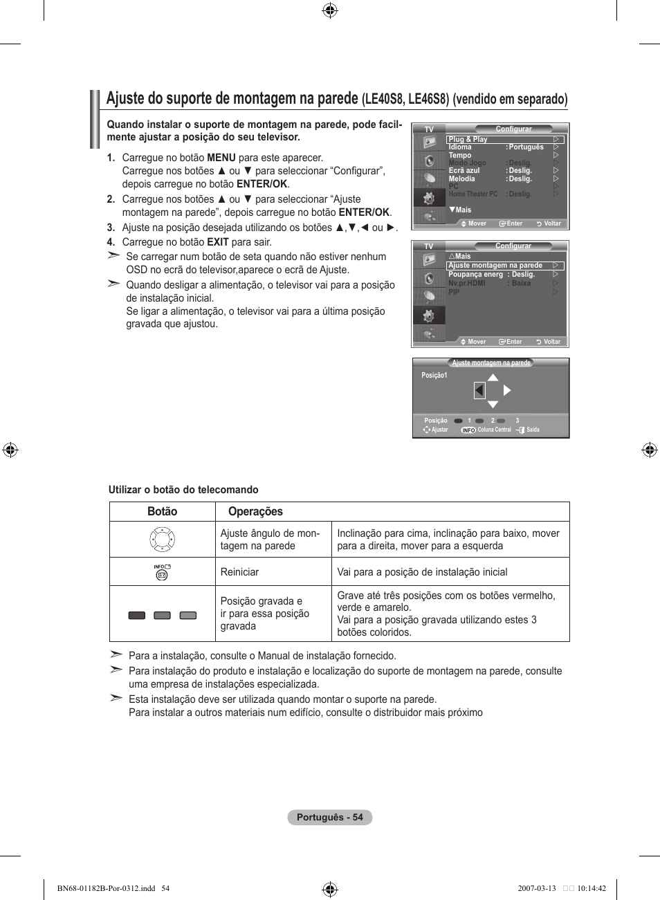 Ajuste do suporte de montagem na parede, Le0s, les), Vendido em separado) | Botão operações | Samsung LE40S86BD User Manual | Page 404 / 466