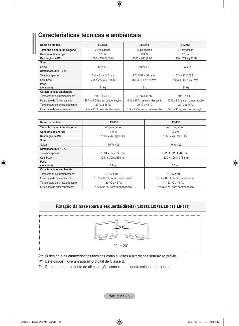Características técnicas e ambientais, Rotação da base (para a esquerda/direita) | Samsung LE40S86BD User Manual | Page 406 / 466