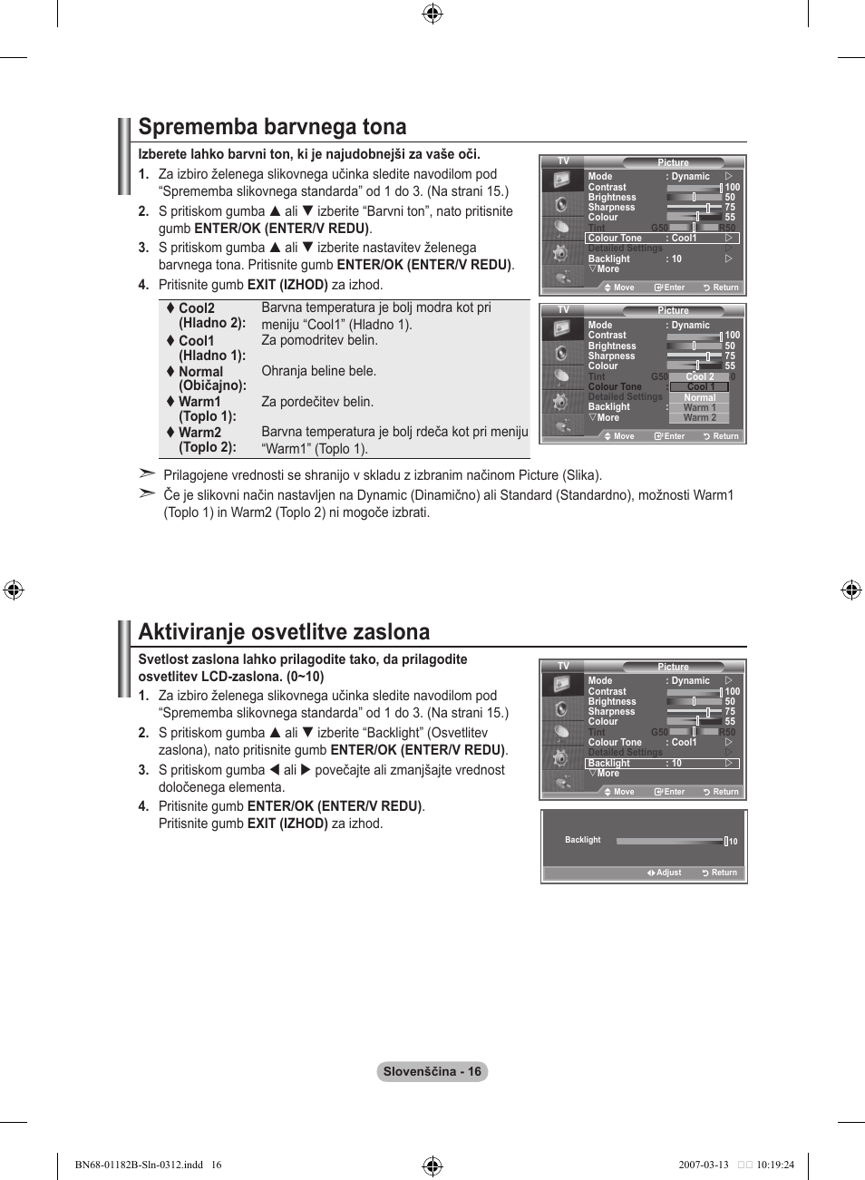 Sprememba barvnega tona, Aktiviranje osvetlitve zaslona | Samsung LE40S86BD User Manual | Page 424 / 466