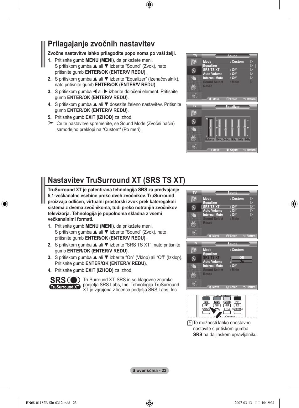 Prilagajanje zvočnih nastavitev, Nastavitev trusurround xt (srs ts xt) | Samsung LE40S86BD User Manual | Page 431 / 466