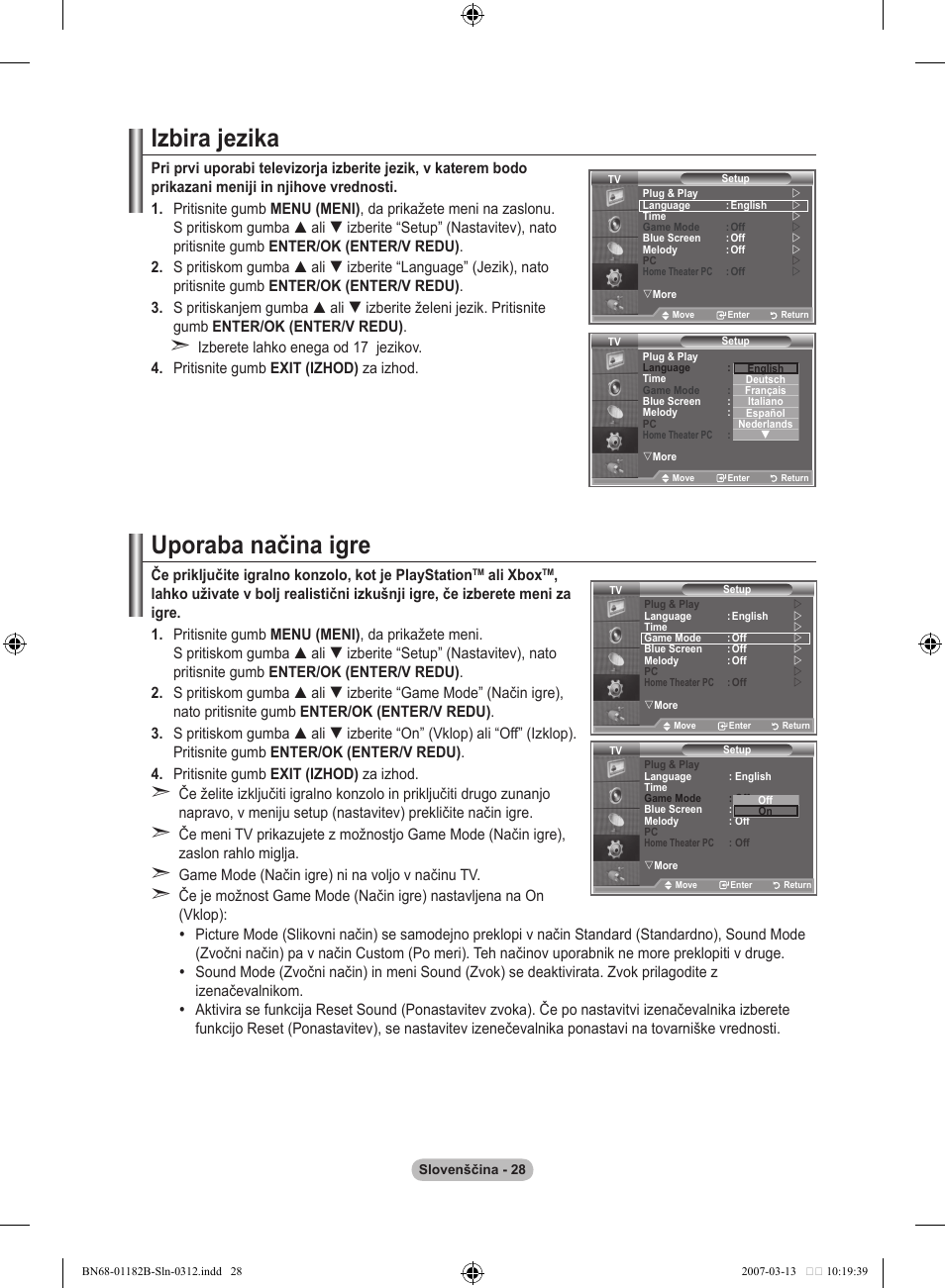 Izbira jezika, Uporaba načina igre | Samsung LE40S86BD User Manual | Page 436 / 466