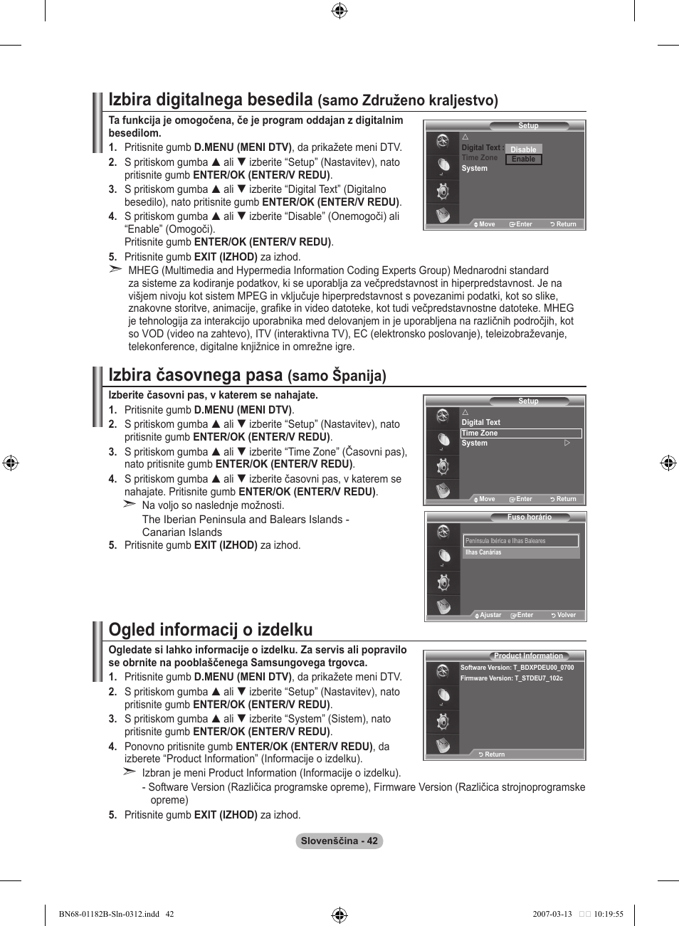 Izbira digitalnega besedila, Izbira časovnega pasa, Ogled informacij o izdelku | Samo združeno kraljestvo), Samo španija) | Samsung LE40S86BD User Manual | Page 450 / 466