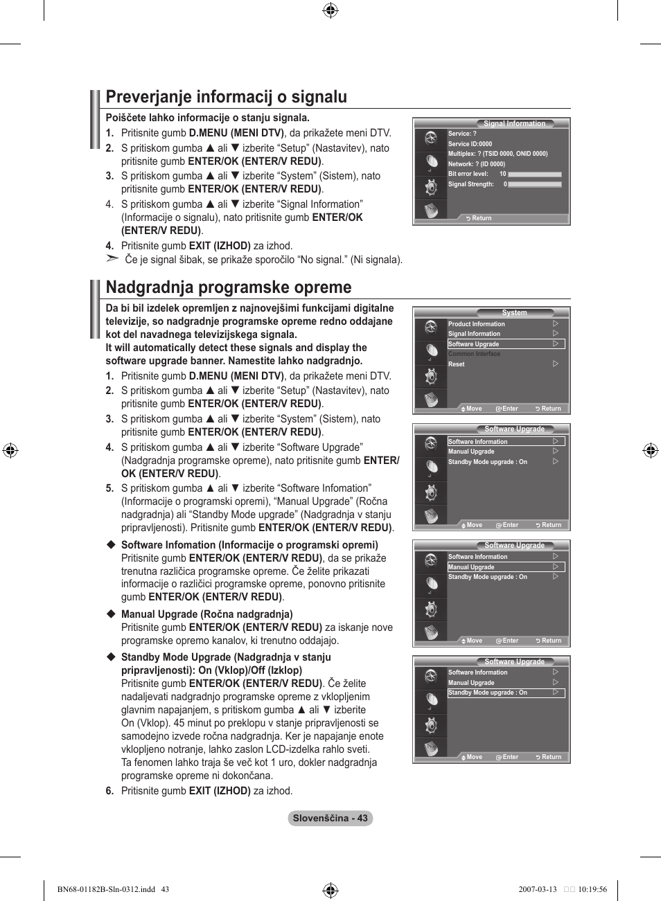Preverjanje informacij o signalu, Nadgradnja programske opreme | Samsung LE40S86BD User Manual | Page 451 / 466