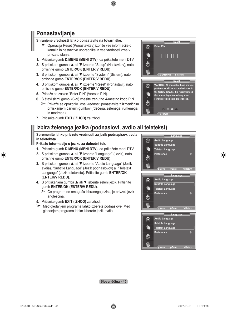 Ponastavljanje | Samsung LE40S86BD User Manual | Page 453 / 466