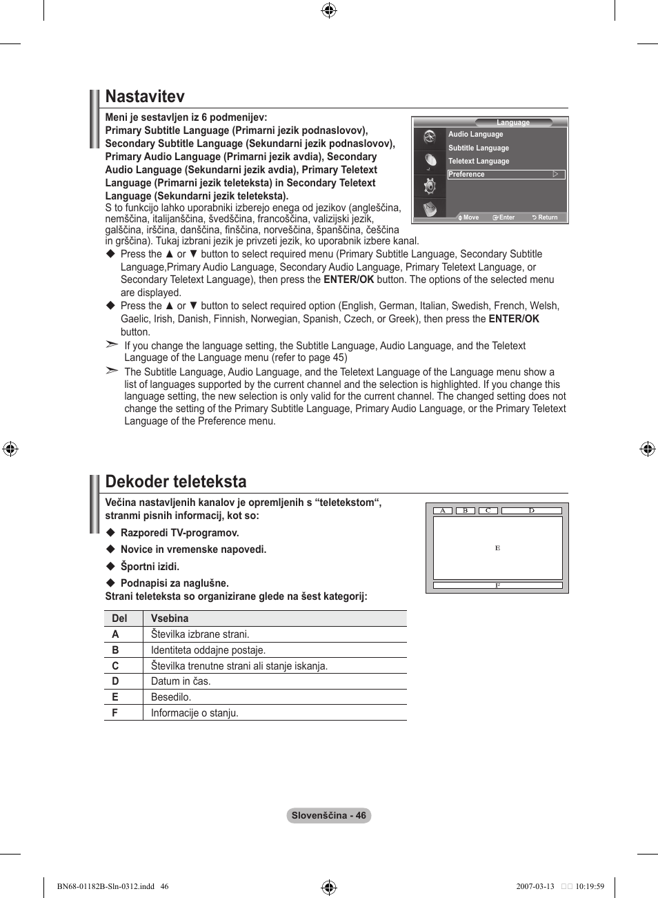 Nastavitev, Dekoder teleteksta | Samsung LE40S86BD User Manual | Page 454 / 466