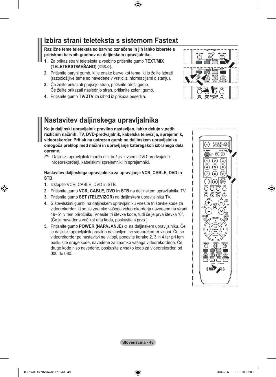 Izbira strani teleteksta s sistemom fastext, Nastavitev daljinskega upravljalnika | Samsung LE40S86BD User Manual | Page 456 / 466