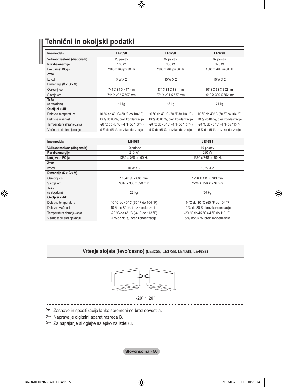 Tehnični in okoljski podatki, Vrtenje stojala (levo/desno) | Samsung LE40S86BD User Manual | Page 464 / 466