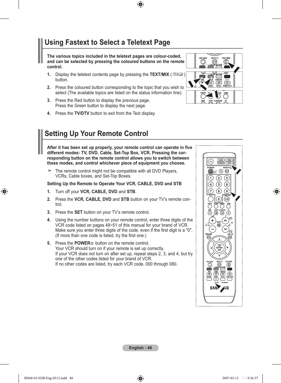 Setting up your remote control, Using fastext to select a teletext page | Samsung LE40S86BD User Manual | Page 50 / 466