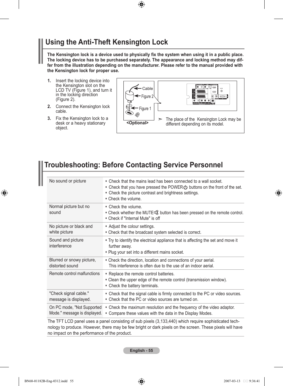Recommendations for use, Using the anti-theft kensington lock | Samsung LE40S86BD User Manual | Page 57 / 466