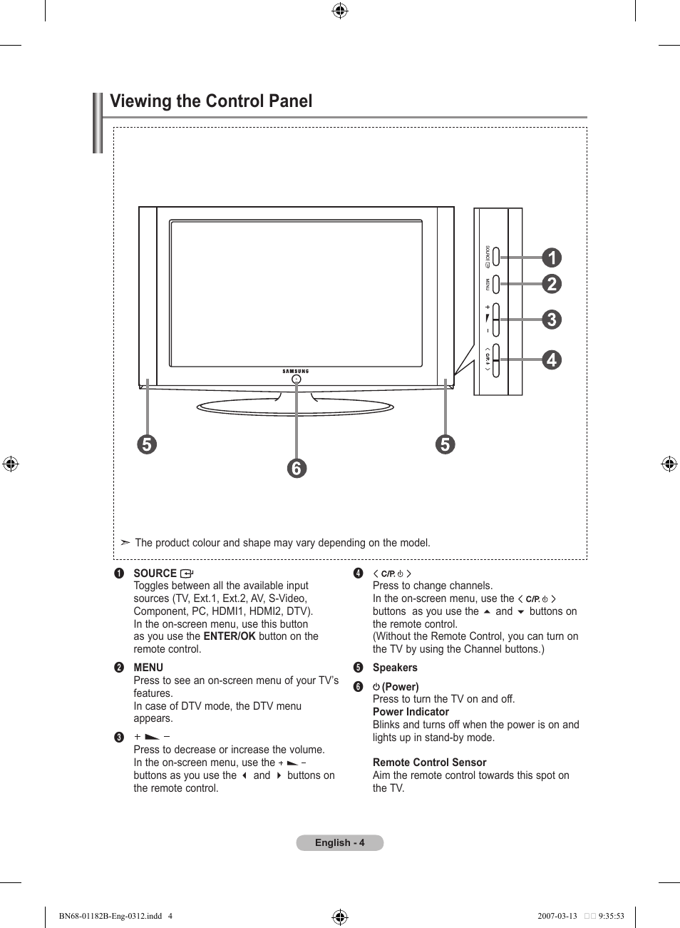 Viewing the control panel | Samsung LE40S86BD User Manual | Page 6 / 466