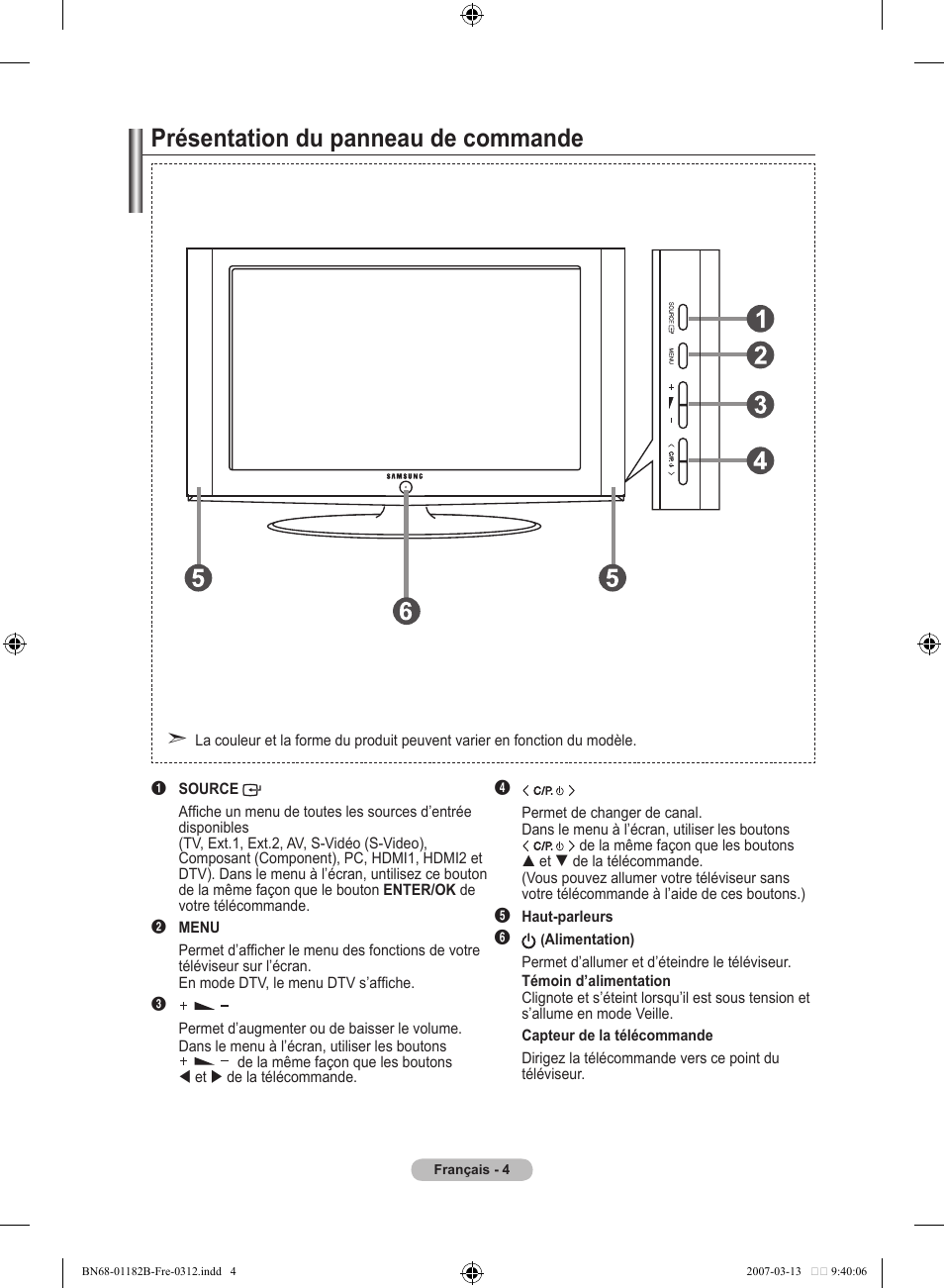 Présentation du panneau de commande | Samsung LE40S86BD User Manual | Page 64 / 466