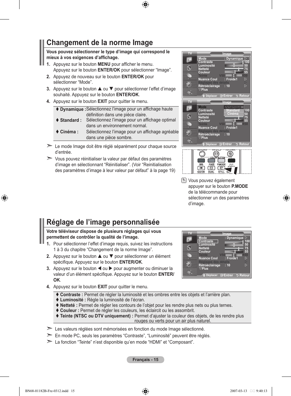 Changement de la norme image, Réglage de l’image personnalisée | Samsung LE40S86BD User Manual | Page 75 / 466