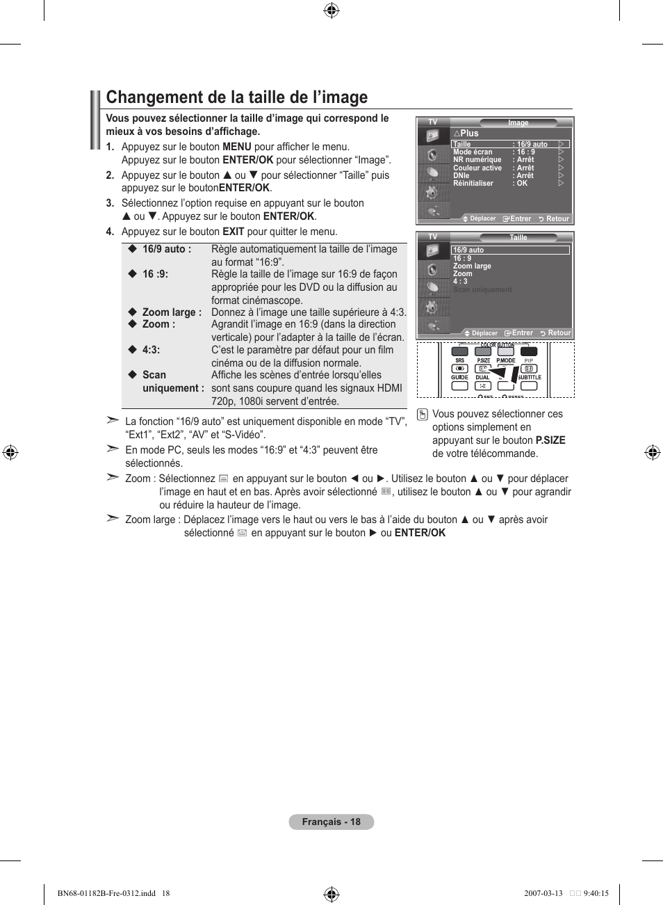 Changement de la taille de l’image | Samsung LE40S86BD User Manual | Page 78 / 466