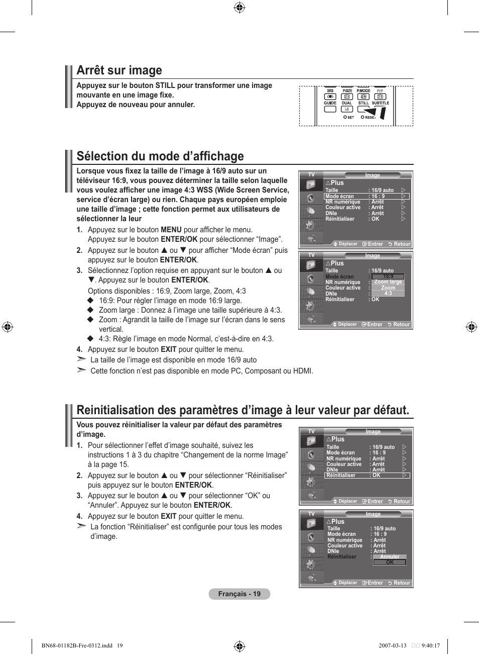Arrêt sur image, Sélection du mode d’affichage | Samsung LE40S86BD User Manual | Page 79 / 466