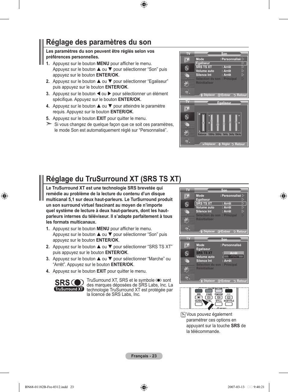 Réglage des paramètres du son, Réglage du trusurround xt (srs ts xt) | Samsung LE40S86BD User Manual | Page 83 / 466