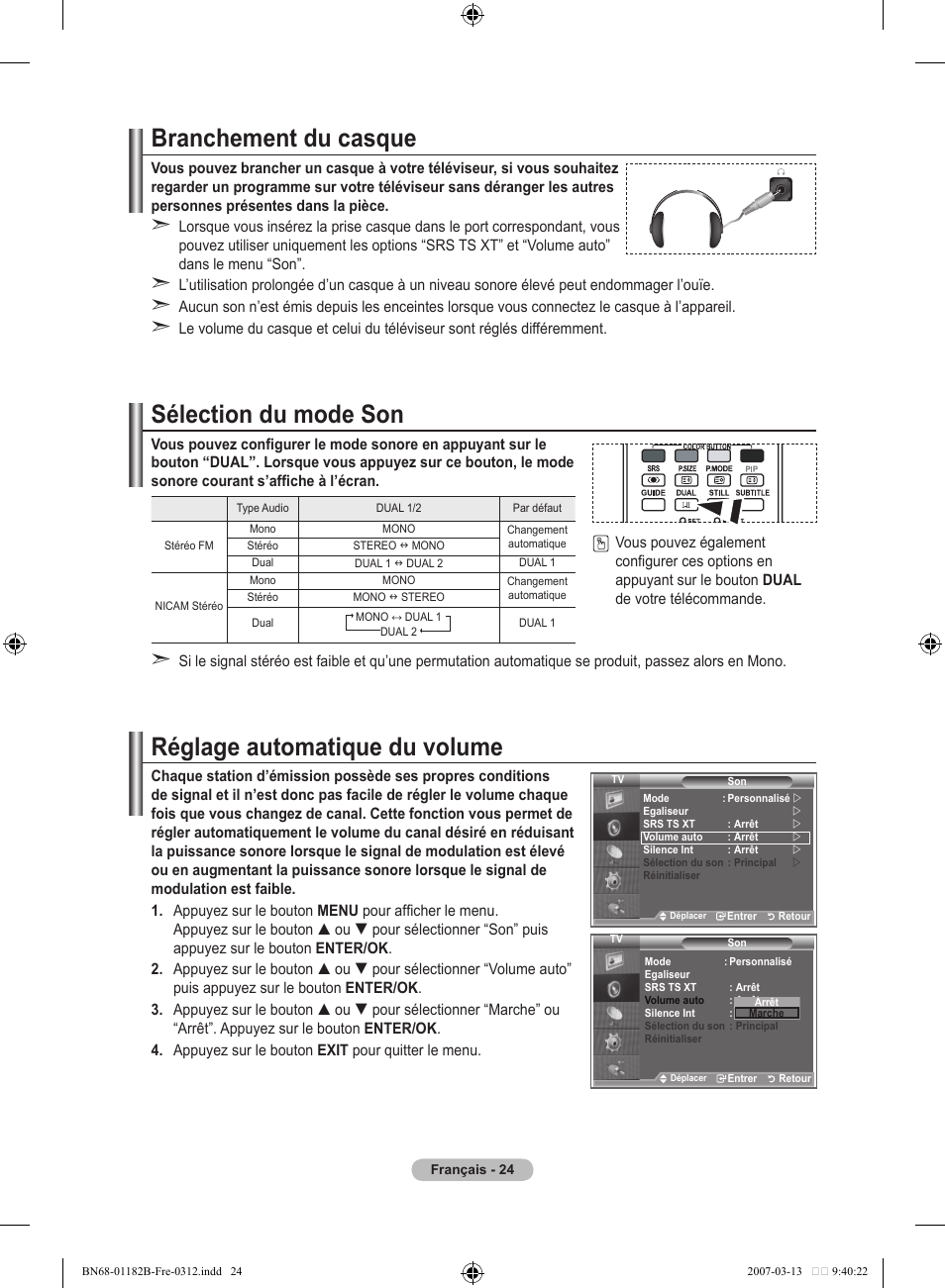 Branchement du casque, Sélection du mode son, Réglage automatique du volume | Samsung LE40S86BD User Manual | Page 84 / 466