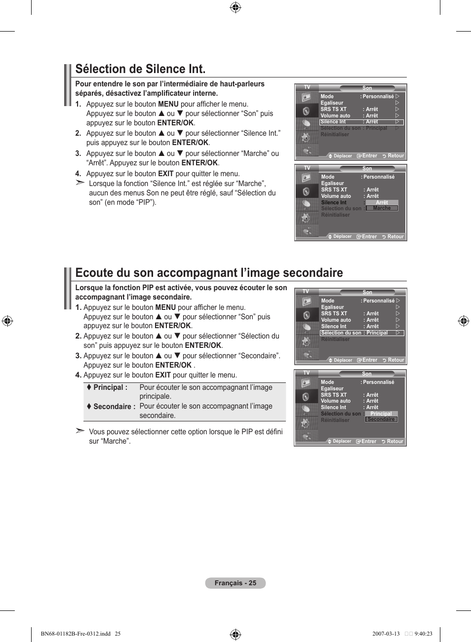 Sélection de silence int, Ecoute du son accompagnant l’image secondaire | Samsung LE40S86BD User Manual | Page 85 / 466
