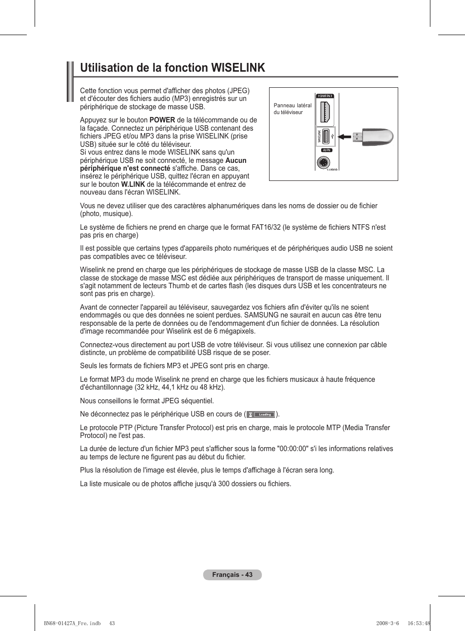 Utilisation de la fonction wiselink | Samsung PS50A557S3F User Manual | Page 105 / 495